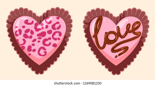 set vector girly pink glamorous heart-shaped chocolates out of the box
