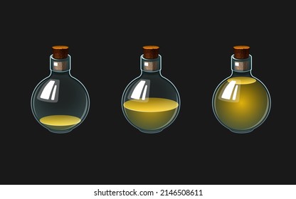 Set of vector glass bottles with potion. Different levels of liquid in bottles. Full and empty flask vessels. Colored drinks.
