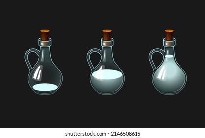 Set of vector glass bottles with potion. Different levels of liquid in bottles. Full and empty flask vessels. Colored drinks.