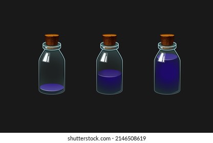 Set of vector glass bottles with potion. Different levels of liquid in bottles. Full and empty flask vessels. Colored drinks.