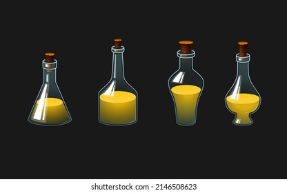 Set of vector glass bottles with potion. Different levels of liquid in bottles. Full and empty flask vessels. Colored drinks.