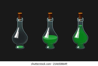 Set of vector glass bottles with potion. Different levels of liquid in bottles. Full and empty flask vessels. Colored drinks.