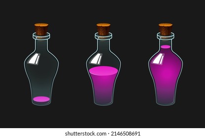 Set of vector glass bottles with potion. Different levels of liquid in bottles. Full and empty flask vessels. Colored drinks.