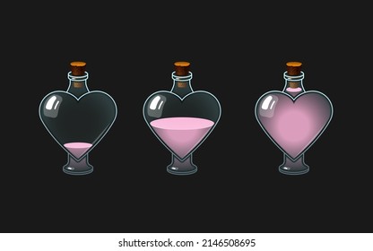 Conjunto de botellas de vidrio vectorial con poción. Diferentes niveles de líquido en frascos. Buques de frasco llenos y vacíos. Bebidas de colores.