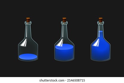 Set of vector glass bottles with potion. Different levels of liquid in bottles. Full and empty flask vessels. Colored drinks.