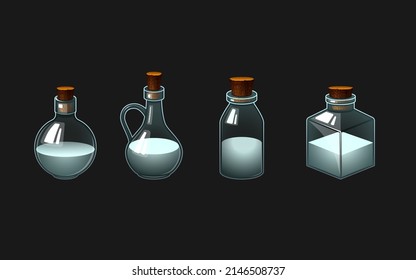 Set of vector glass bottles with potion. Different levels of liquid in bottles. Full and empty flask vessels. Colored drinks.