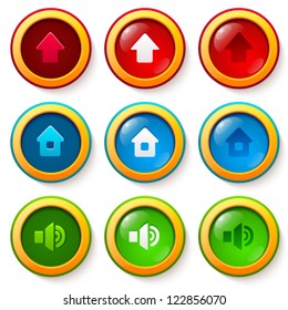 Set of vector glass buttons with arrow, home and sound icons