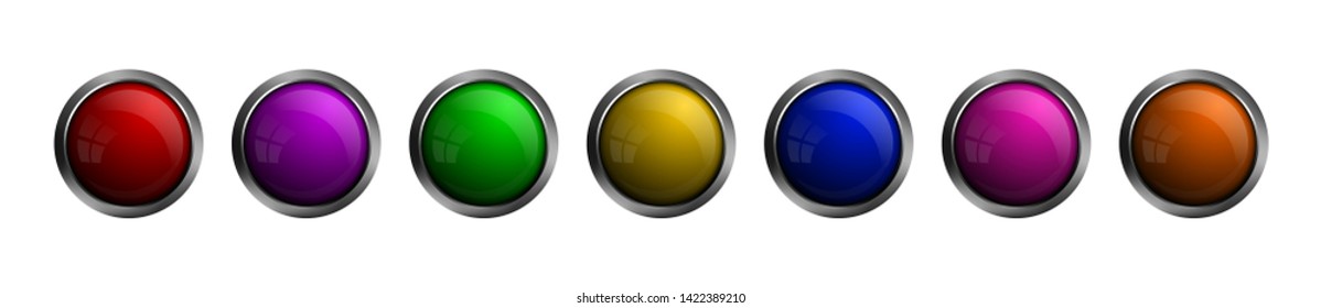 Set of vector glass buttons of different colors. Round shaped glass buttons for web design, apps, ui, games, software and more.