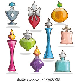 Set of vector glass elegant bottles with perfumes. Luxury fragrance female collection: perfume and cologne. Sprayer container with aroma liquid.