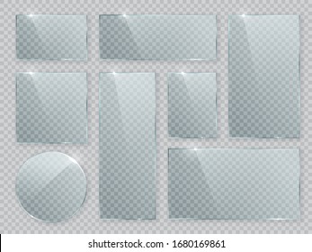 Set of vector glass frame. Isolated plate on transparent background. Realistic texture with glares and light