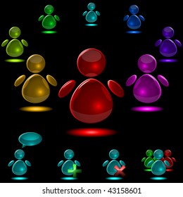 Conjunto de figuras de usuario de vidrio vectorial que brillan aisladas en el fondo negro.