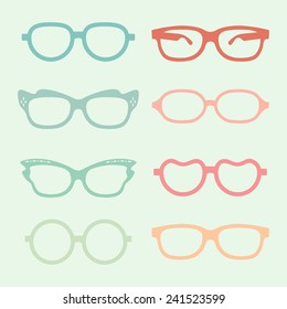 Set of vector glasses set with colored thick support. Retro hipster. Medical huge eye glasses silhouette collection. Sign of intelligence, secretary or school teacher