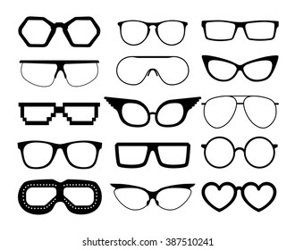 Set of vector glasses on white background, including  aviation and pixel style goggles.