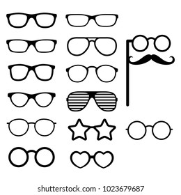 Set of vector glasses. Photo props. Hipster style. Different glasses types. Vector illustration