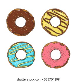 Set of vector glazed colored donuts isolated on white. Sketch, hand drawn. 