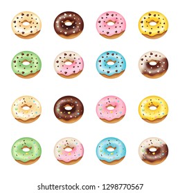 set of vector glazed colorful donut vanilla, chocolate, strawberries, banana, blueberries, kiwi