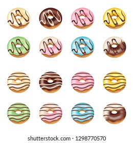 set of vector glazed colorful donut vanilla, chocolate, strawberries, banana, blueberries, kiwi