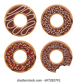 Set of vector glazed dark chocolate donuts