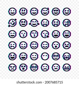 Set of vector glitch Emoticons. Set of Emoji. Smile glitch icons isolated Vector illustration EPS 10