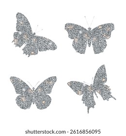 Set of vector glitter silver bright butterfly. Design elements for card. Beautiful glitter butterflies isolated on white background.