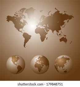 Set of vector globe icons showing earth with all continents. Vector illustration
