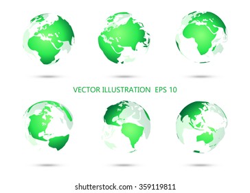 Set of vector globe icons showing earth with all continents.Vector illustration.