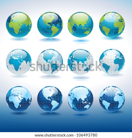 Set of vector globe icons showing earth with all continents