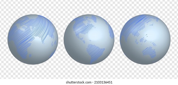 Set of vector globes in different views. Concept of World map from lines. Three globes in blue on transpatent background for your web site design, app, UI.  EPS10.