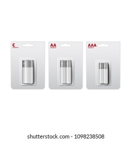 Set of Vector Glossy Alkaline AA, AAA, C Batteries in White and Black Blister. Packed for your branding. Close up Isolated on White Background for your design