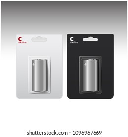 Set of Vector Glossy Alkaline C Batteries in White and Black Blister. Packed for your branding. Close up Isolated on White Background for your design