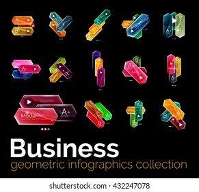Set of vector glossy arrow infographic layouts isolated on black. Business infographics elements with sample text and buttons