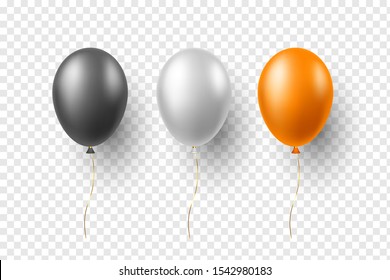 Set of vector glossy balloons in black, white and orange colors. 3d realistic decorative elements for holiday design. Isolated on transparent background.
