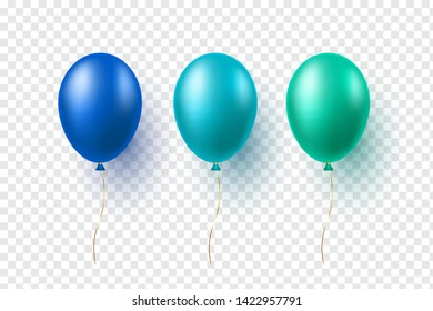 Set of vector glossy balloons in blue and green colors. 3d realistic decorative elements for holiday design. Isolated on transparent background.
