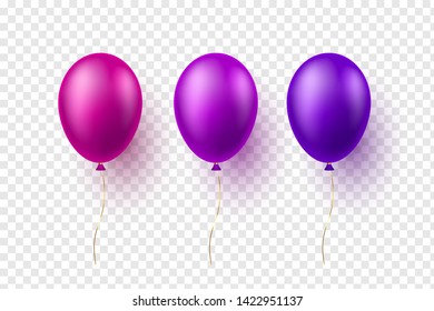 Set of vector glossy balloons in purple color. 3d realistic decorative elements for holiday design. 