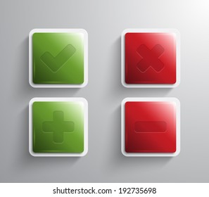 Set of vector glossy square banners / buttons with plastic style and ok and cancel icons for business design or applications. Clean and modern design