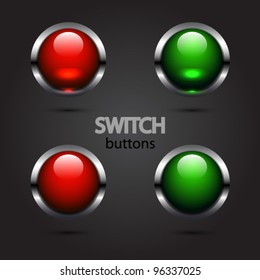 Set of vector glossy switch on/off buttons. Green and red two positions with light