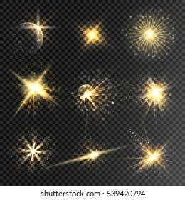 Set of vector glow stars and light effect bursts with sparkles isolated on transparent background. Star dust sparks in explosion for luxury  illustration or banner for Christmas celebrate.

