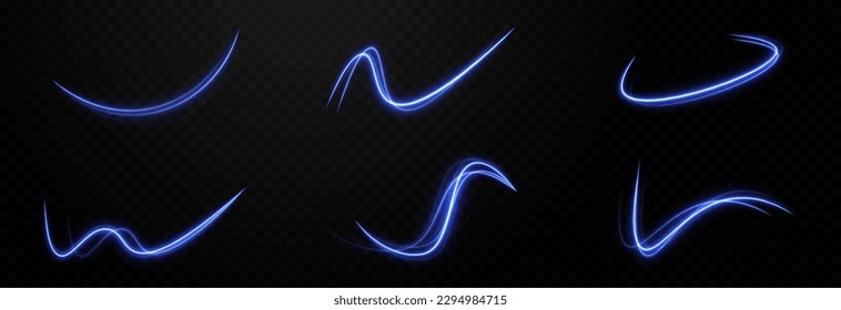 Set of vector glowing blue png lines. neon lines png. Magic lines of light, light effect. Fast moving lines png.