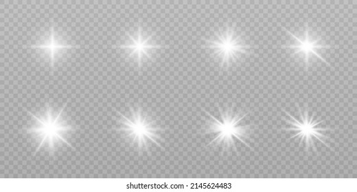 Set of vector glowing explosion light effects with glitter on transparent background.