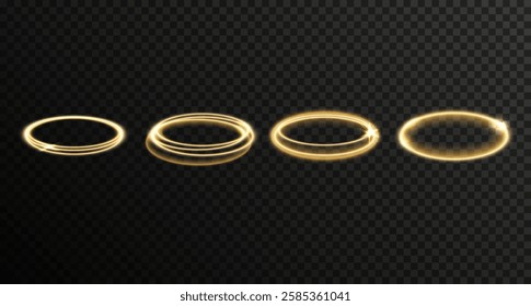 Set of vector glowing, golden halo effect. Light, shining solar rings isolated on transparent background