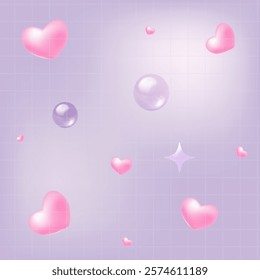 Set of vector glowing hearts, glass ball. 3d design elements.