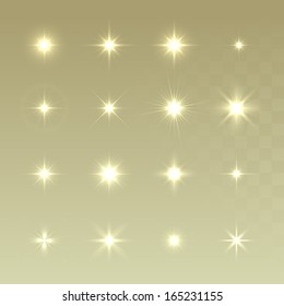 Set of Vector glowing light effect stars bursts with sparkles on golden background. Sparkling stars set. Christmas stars.