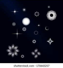 Set of Vector glowing light effect stars, balls and flowers on a black background