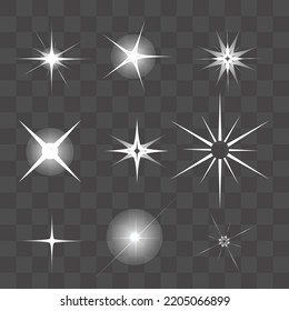 Set of Vector glowing light effect starbursts with sparkles. Shine star glitters. vector illustration
