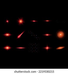 Set of Vector glowing light effect red stars bursts with sparkles on black background.