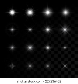 Set of Vector glowing light effect stars bursts with sparkles on transparent background. Transparent stars.