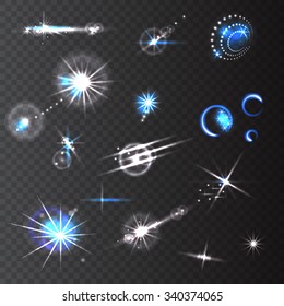 Set of vector glowing light effect, stars bursts with sparkles, realistic lens flares on transparent background.