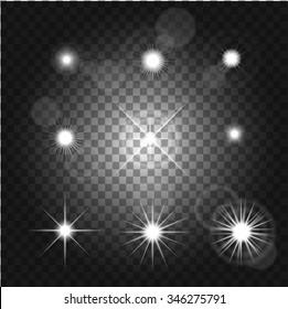 Set of Vector glowing light effect stars bursts with sparkles on transparent background