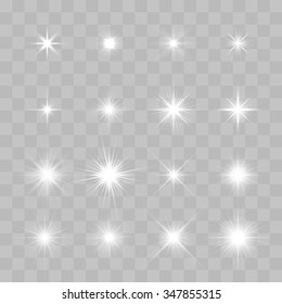 Set of Vector glowing light effect stars bursts with sparkles on transparent background. Transparent stars