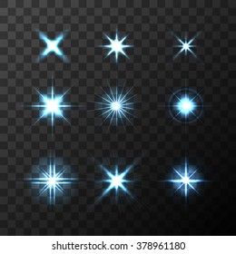 Set of Vector glowing light effect stars bursts on transparent background. Transparent stars.